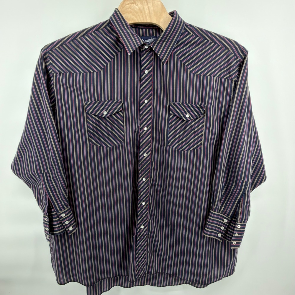 Vintage Wrangler Western Shirt Mens 20-36 Tall XL Pearl Snap Striped Long Tails